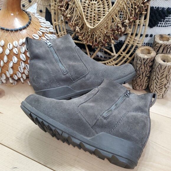 Sorel Womens 10.5/41.5 Evie Ankle Low Wedge Booties Suede Gray Zip EVA Comfort - Picture 4 of 14